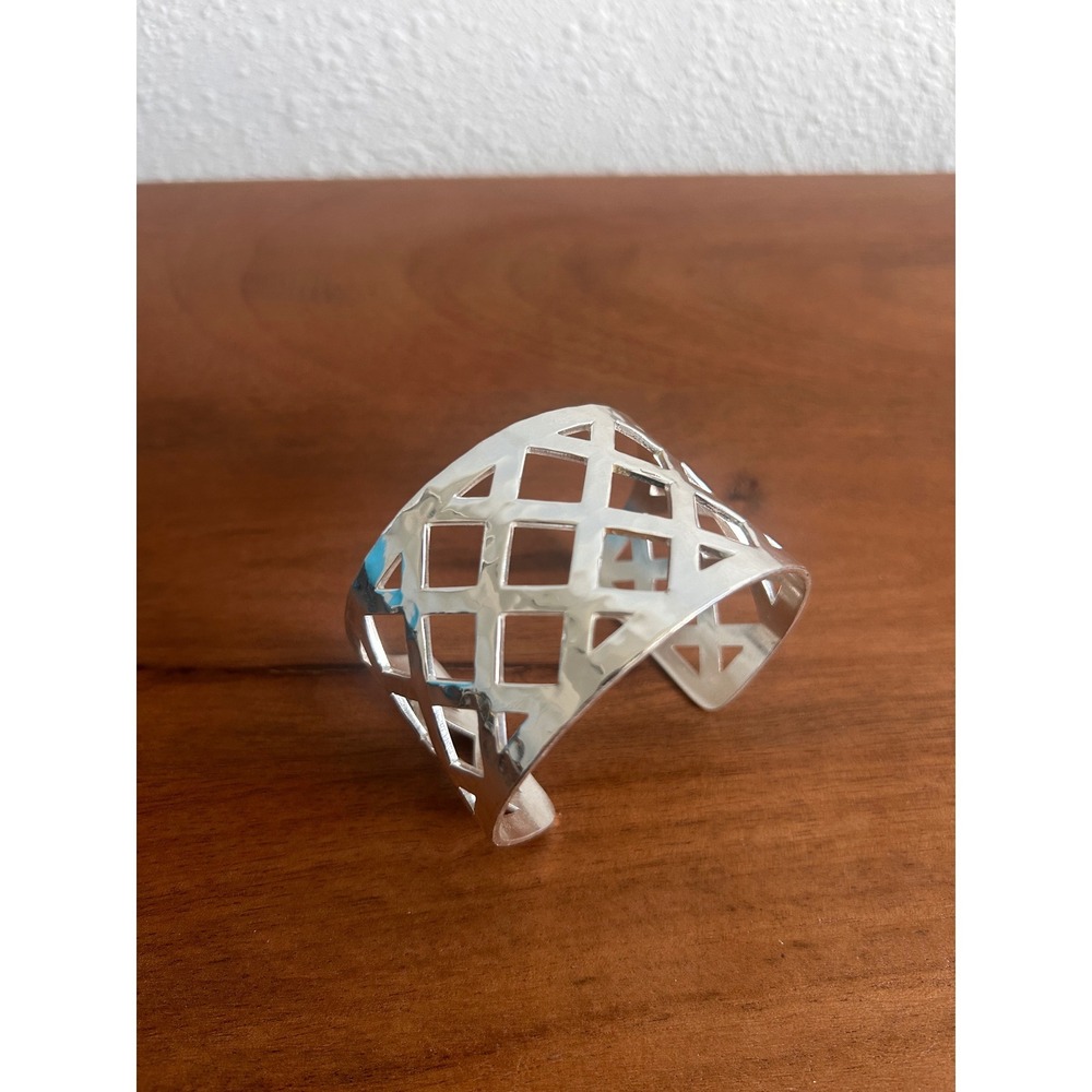 Rustic Cuff Silver Geometric Lattice Diamond Cutout Wide Statement Cuff Bracelet